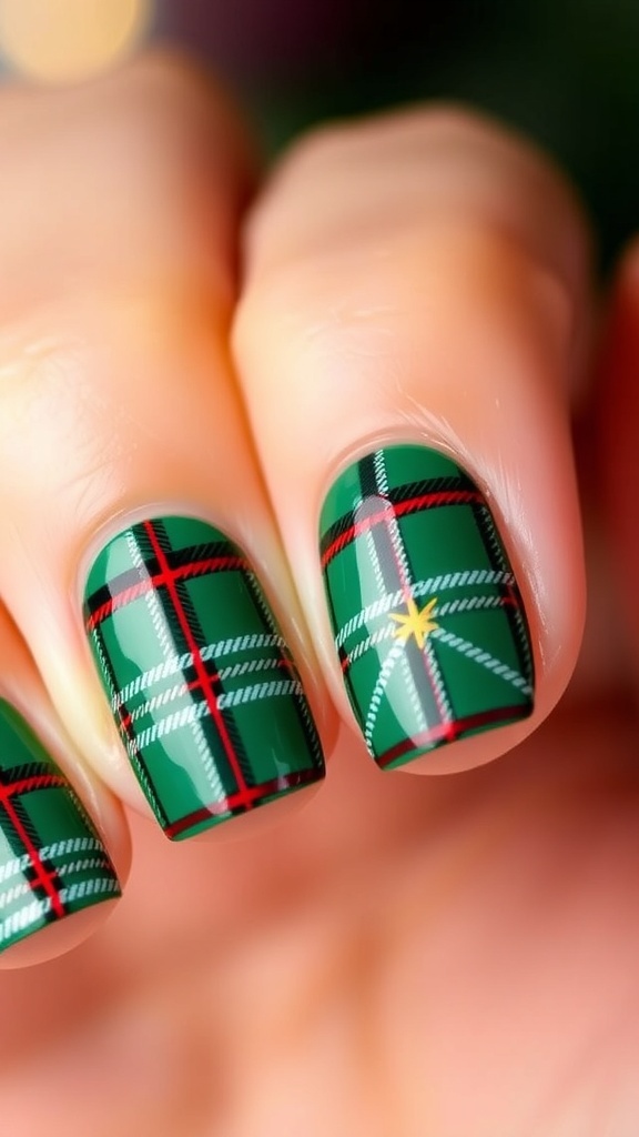 Close-up of green tartan Christmas nails with white and red accents.